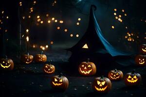 halloween pumpkins in the dark with a witch hat. AI-Generated photo