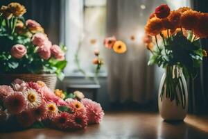 flowers in a vase on a table. AI-Generated photo