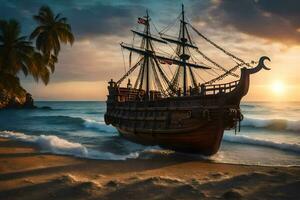 a pirate ship on the beach at sunset. AI-Generated photo