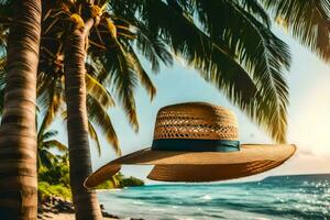 un sombrero en el playa con palma arboles generado por ai foto