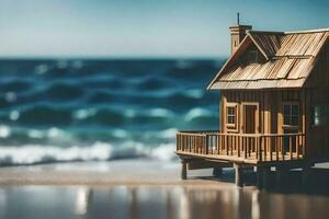 un miniatura de madera casa en el playa. generado por ai foto