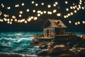 a miniature house on the rocks by the ocean. AI-Generated photo