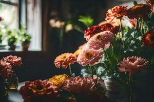 flores en un florero en un mesa en frente de un ventana. generado por ai foto