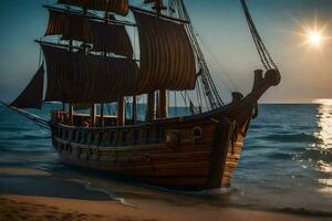 a pirate ship is docked on the beach at sunset. AI-Generated photo