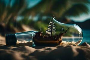 a ship inside a light bulb on the beach. AI-Generated photo