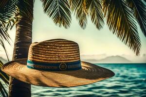 a hat hanging on a palm tree near the ocean. AI-Generated photo