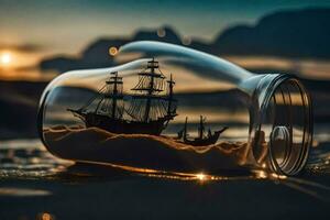 a ship in a bottle with sand and a sunset. AI-Generated photo