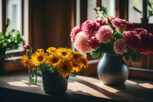 two vases of flowers sit on a windowsill. AI-Generated photo