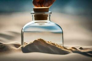 a hand is holding a bottle of sand on the beach. AI-Generated photo