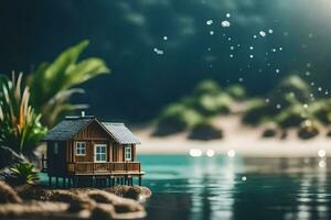 un miniatura casa en un pequeño isla por el agua. generado por ai foto