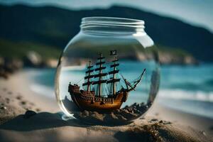 un pequeño Embarcacion es dentro un vaso tarro en el playa. generado por ai foto