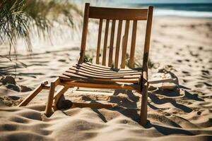 a wooden chair sits on the sand near the ocean. AI-Generated photo