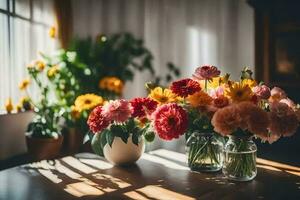 flowers in vases on a table. AI-Generated photo