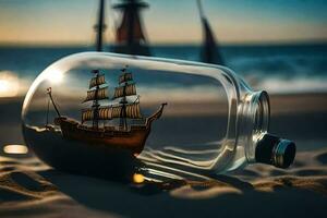 a ship in a bottle on the beach with a lighthouse in the background. AI-Generated photo