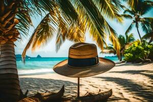 a hat sits on a wooden post near the beach. AI-Generated photo