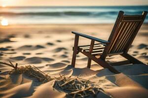 a chair sits on the sand at sunset. AI-Generated photo