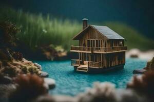 a miniature house on the water. AI-Generated photo