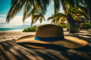 a hat sits on the beach near palm trees. AI-Generated photo