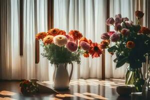 flowers in a vase on a wooden table. AI-Generated photo