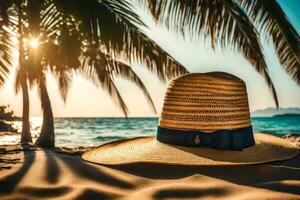 un sombrero se sienta en el arena a el playa. generado por ai foto