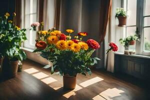 flores en un florero en un de madera piso. generado por ai foto