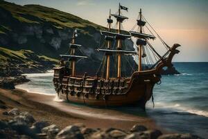 a pirate ship is on the beach near a rocky shore. AI-Generated photo