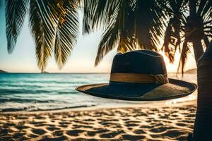 a hat hanging from a palm tree on the beach. AI-Generated photo