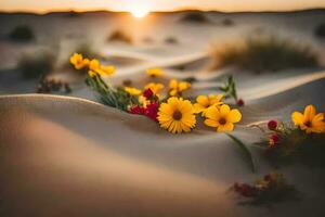 the desert flowers in the sunset. AI-Generated photo