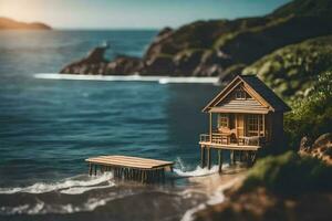 a miniature house on the beach by the ocean. AI-Generated photo