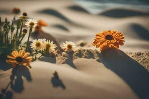 flores en el arena. generado por ai foto