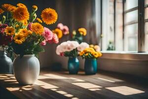 flores en floreros en un mesa cerca un ventana. generado por ai foto