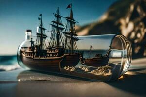 ship in a bottle on the beach. AI-Generated photo