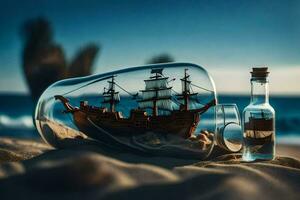 a bottle with a ship inside on the beach. AI-Generated photo