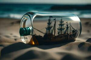 a ship in a bottle on the beach. AI-Generated photo