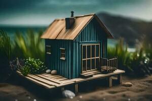 a miniature house on a beach with grass and rocks. AI-Generated photo