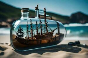 ship in a bottle, beach, sand, ocean, ship, hd wallpaper. AI-Generated photo