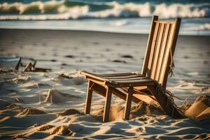 a wooden chair sits on the beach near the ocean. AI-Generated photo