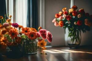 flowers in vases on a wooden floor. AI-Generated photo