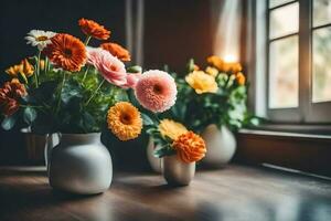 flowers in vases on a table near a window. AI-Generated photo