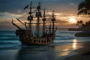 un pirata Embarcacion es en el playa a puesta de sol. generado por ai foto