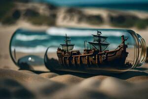 a ship in a bottle on the beach. AI-Generated photo