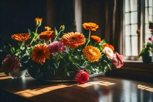 flores en un florero en un mesa. generado por ai foto