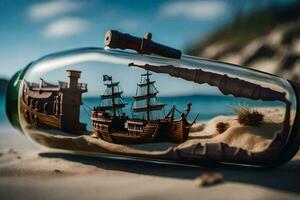 a bottle with a ship inside of it on the beach. AI-Generated photo