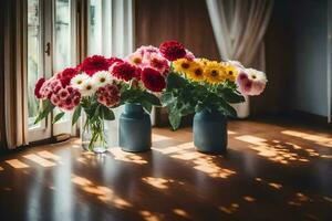 flowers in vases on the floor. AI-Generated photo