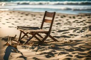 a wooden chair sits on the sand at the beach. AI-Generated photo