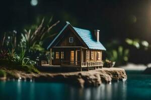 un miniatura casa en un pequeño isla en el agua. generado por ai foto