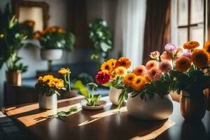 flores en floreros en un mesa en un habitación. generado por ai foto