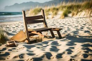 a chair sits on the sand near a beach. AI-Generated photo