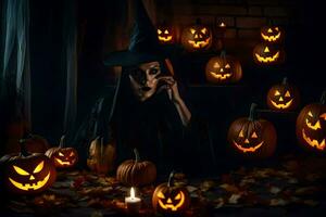 a witch sitting in front of pumpkins and candles. AI-Generated photo