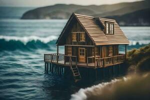 a miniature house on the shore of the ocean. AI-Generated photo